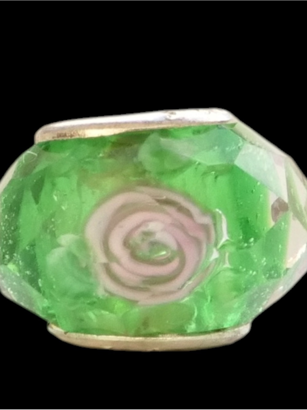 Sterling Green Floral Glass Bead Ring - Women Jewelry